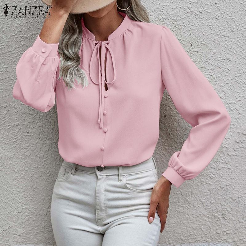 

ZANZEA Женская повседневная свободная блузка с воротником-стойкой и длинными рукавами
