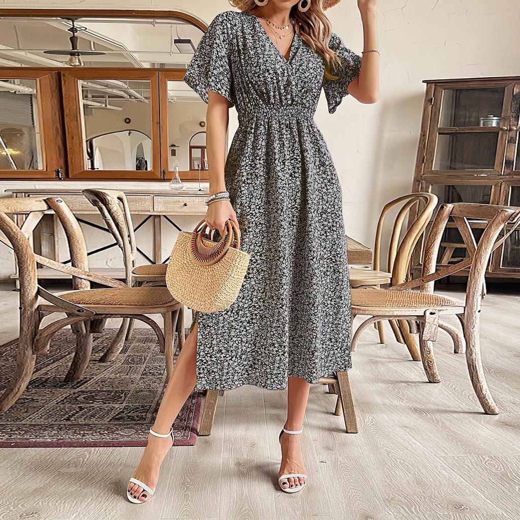 Women's V-neck High Waist A-line Floral Print Dress
