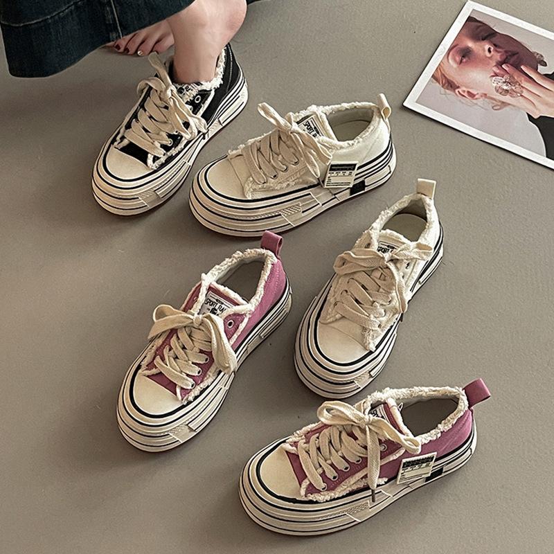 Fashion damaged wind casual canvas shoes spring and summer muffin thick-soled lace-up cloth shoes women's little white shoes