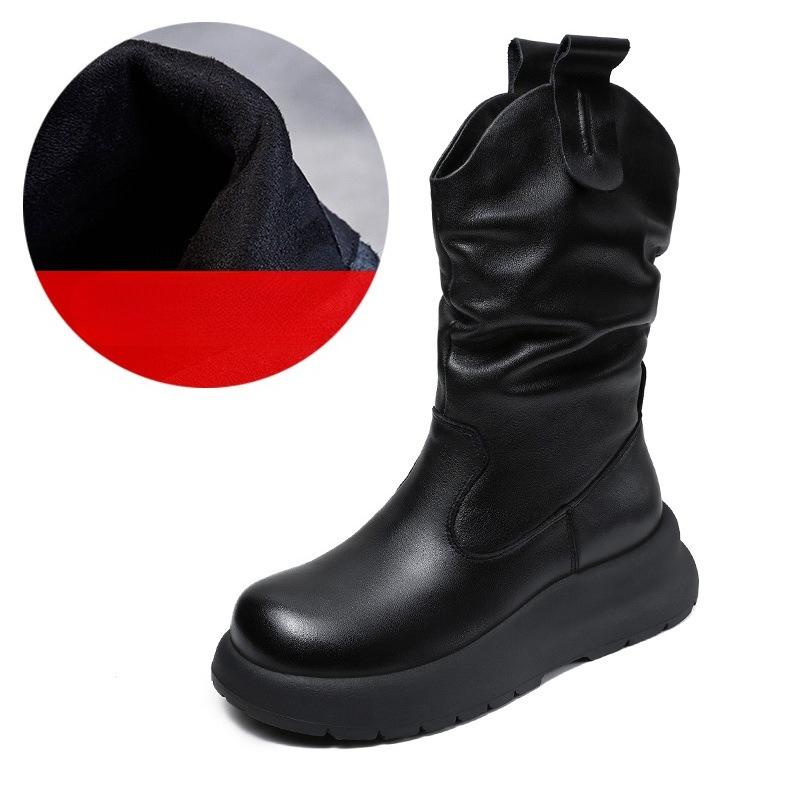 Mid-calf Leather Boots with Pleats, Stylish Women's New Shoes, Fashionable Boots