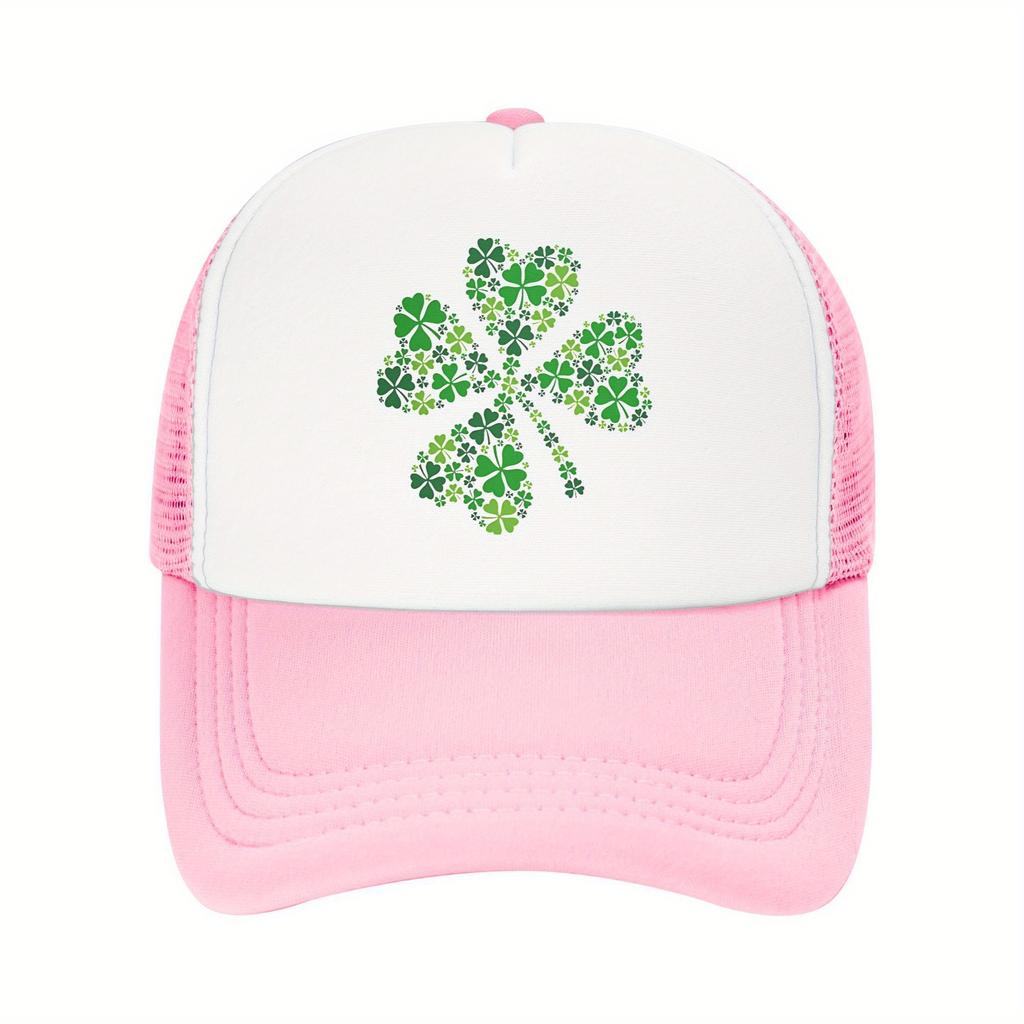 Four Leaf Clover Trucker Hat Breathable Mesh Baseball Cap Green Print Casual Adjustable Unisex Adult