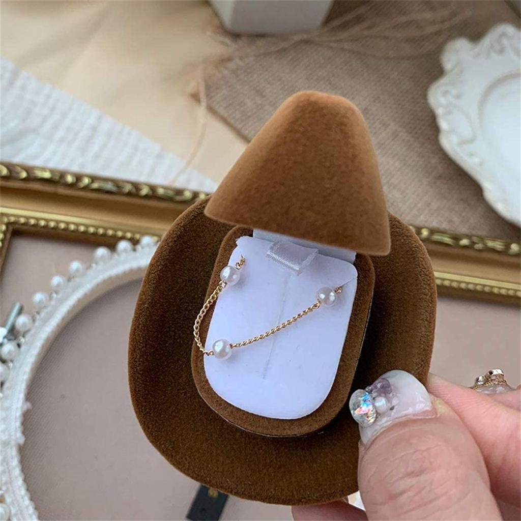 Kreative Cowboy-Hut-Form-Ring-Box, Samt, braun, Schmuck-Display, Aufbewahrungskoffer, Ringe-Halter