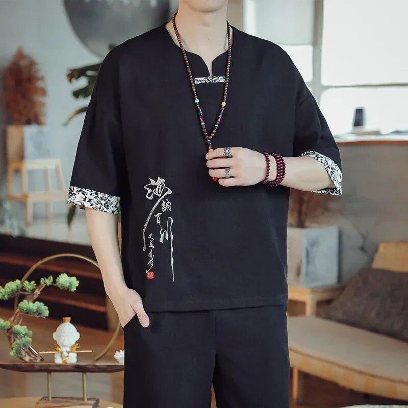 

Летняя мужская футболка в китайском стиле с вышивкой в ​​стиле ретро, ​​льняная рубашка Тан S чёрный