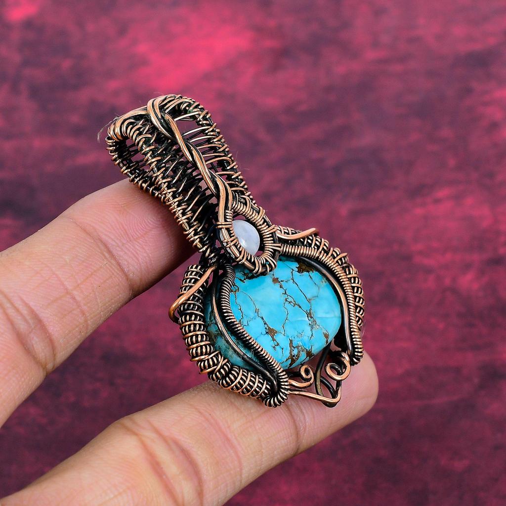 Tibetan Turquoise Pendant Copper Wire Wrapped Pendant Rainbow Moonstone Jewelry Designer Jewelry