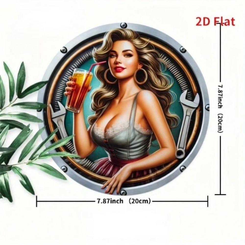 Vintage Metal Wall Art Round Plaque Elegant Woman with Wrench and Drink Home Bar Cafe Decor