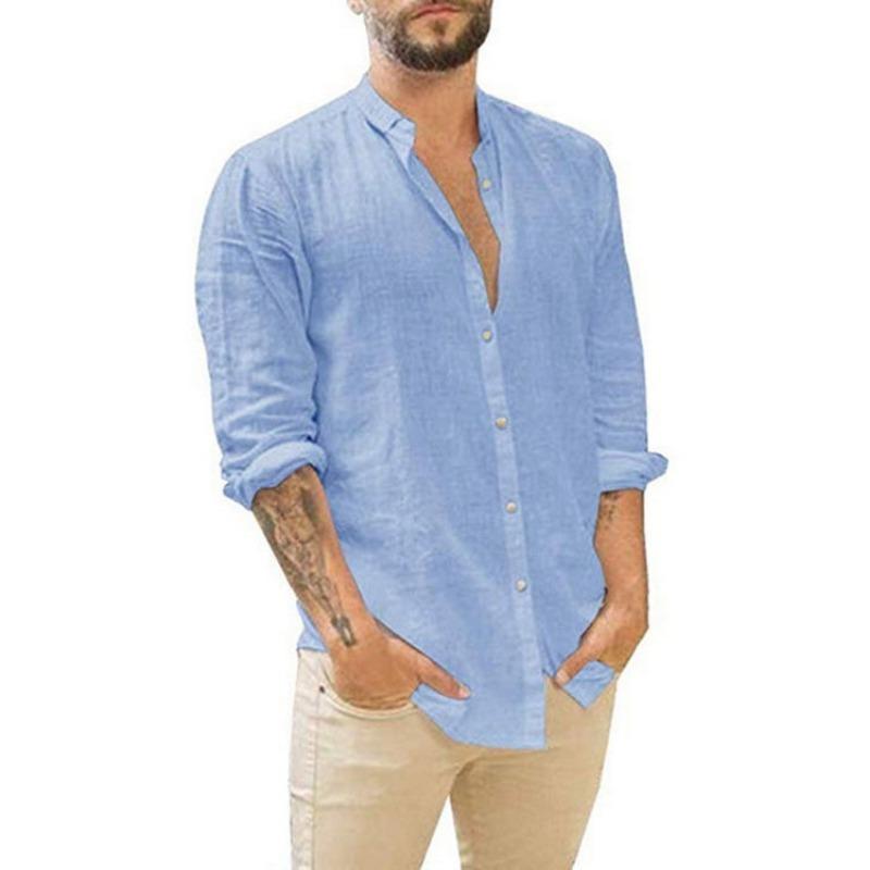 European and American Men's Linen Cardigan Solid Color Casual Stand-up Collar Long-sleeved Shirt