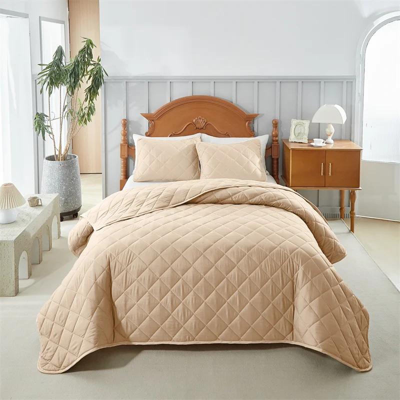 Solid color plaid quilted double-sided abraded washable bed cover oblique square bed cover can be used in all seasons