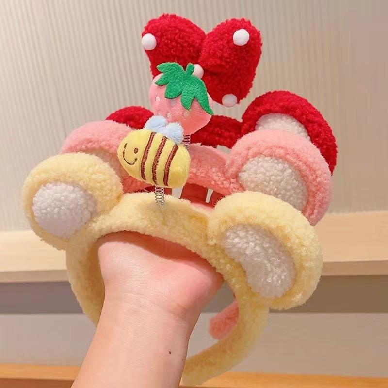 Cute Plush Bow Strawberry Cartoon Headband Children Sweet Hair Hoops Fashion Hair Accessories Female Washface Hairband Tie