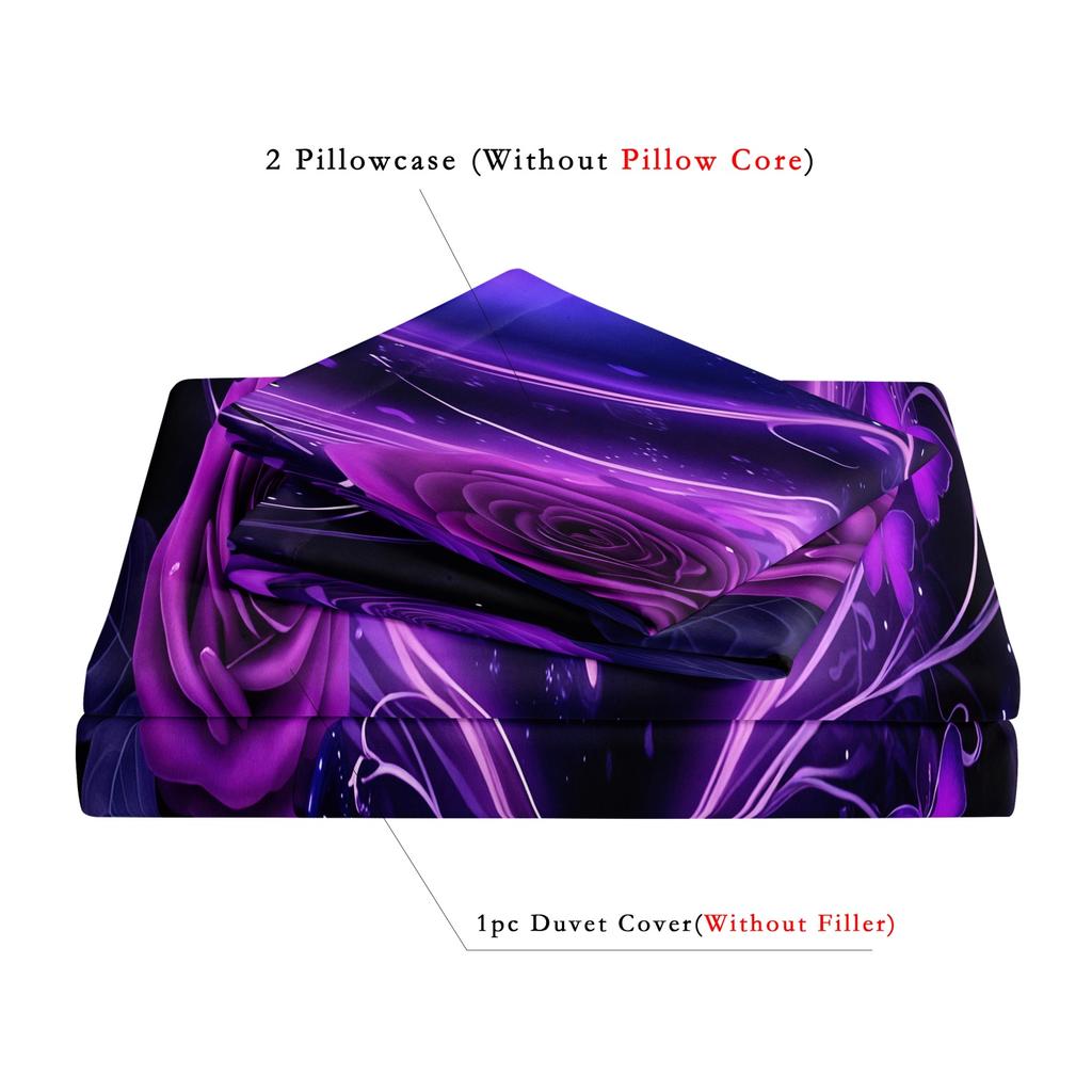 3Pcs Purple Blue Butterfly Heart Duvet Cover Set, Romantic Rose & Butterfly Bedding, For Family Bedrooms Dormitories Hotels