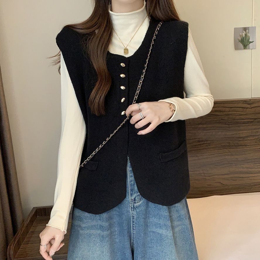 Round Neck Knitted Vest Loose Waistcoat Elegant Sweater Vest Top