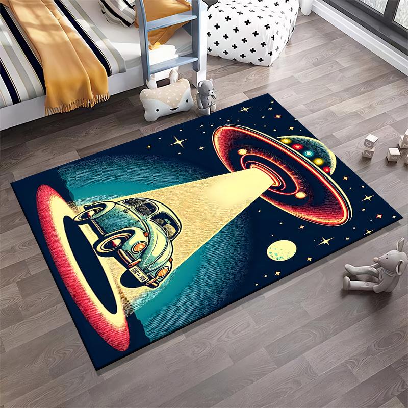 Vintage UFO Alien Abduction Scene Carpet with Retro Car Design Suitable for Use As an Anti-slip for Living Room Bedroom Sofas