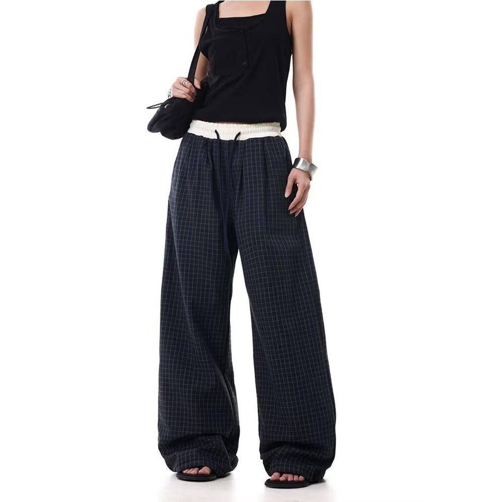 American Retro Plaid Unisex Casual Pants with Double Waistband and Drawstring – Banana Wide Leg, Spring/Autumn 2026 Collection