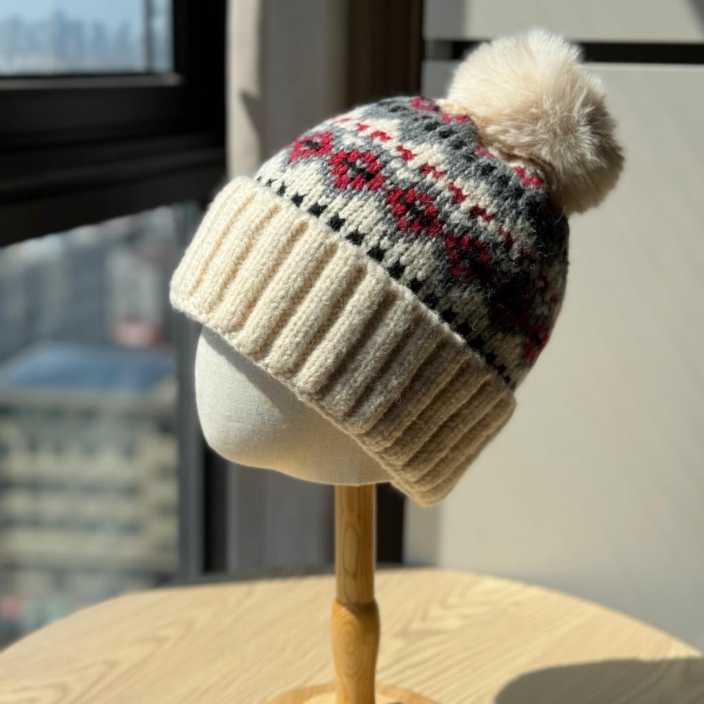 Fair Isle Christmas Woolen Hat for Women Winter Warm and Cute Fur Ball Ear Protection Hat Cold Hat Trend