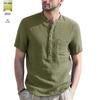 2026 Men's Stand Collar Breathable Linen Shirt - European & American Style, Short-sleeved