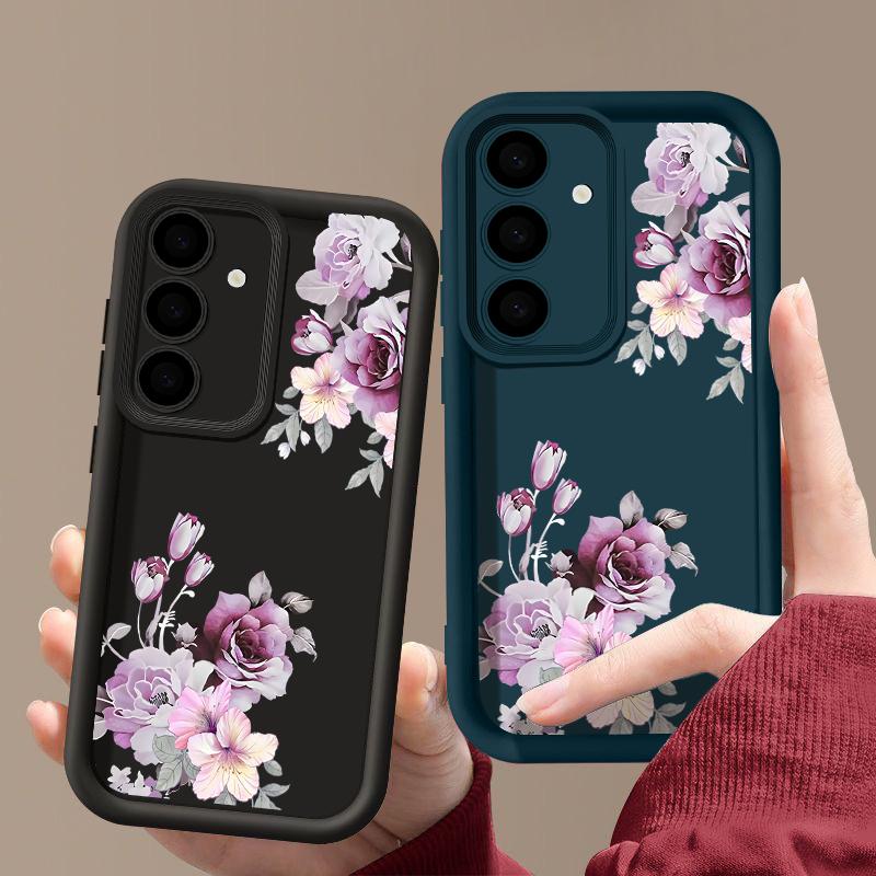 Purple Floral Print TPU Soft Phone Case For Samsung S25 Plus S24 FE S23 Ultra S22 A16 A15 A55 A56 A36 A35 A06 A05 A34 Matte Shockproof Bumper Cover