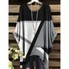 Women's Striped Checkered 3D Printed T-Shirt Summer Round Neck Casual Fashion Women's Loose Asymmetrical Hem Street Tops