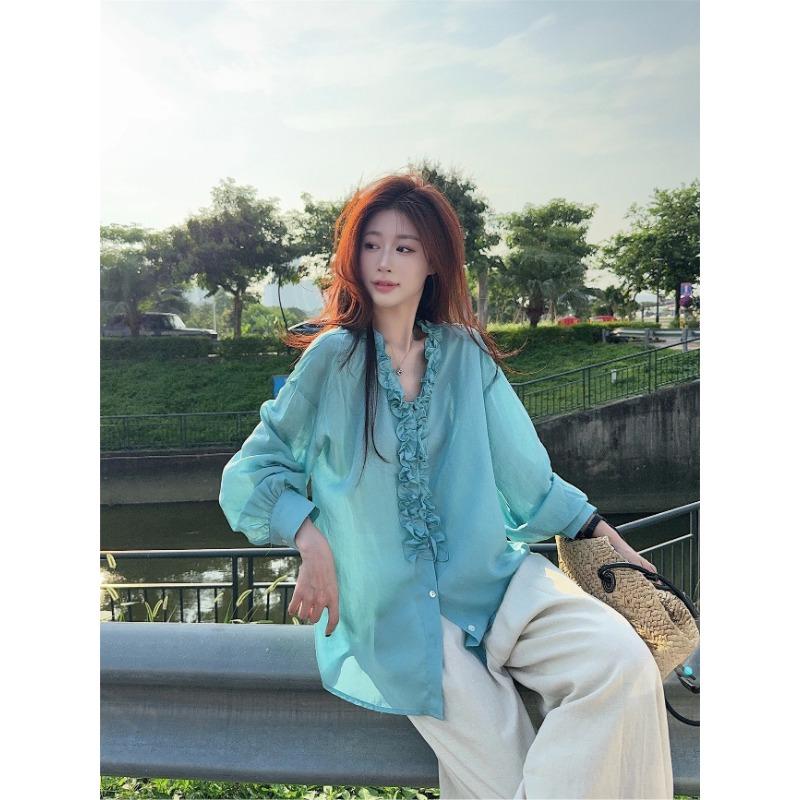 Women Summer Ruffle Detail V Neck Chiffon Blouse S синий