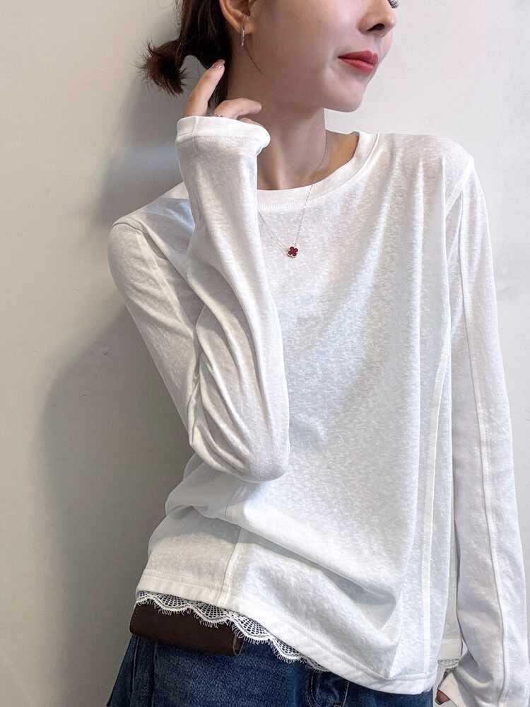 Korean Style Women's Black Round Neck Long Sleeve T-shirt - Simple Casual Base Layer for Spring/Autumn 2025
