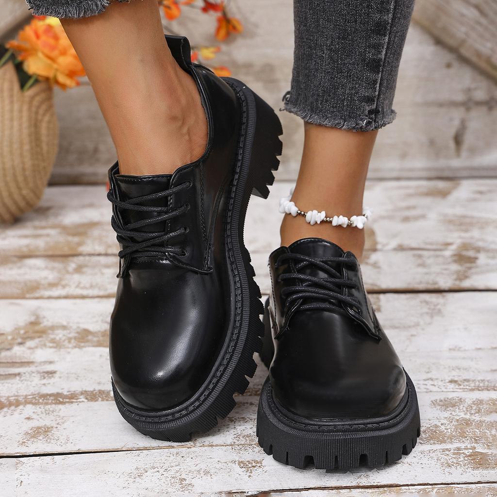 Women's Single Shoes with Heels Round Toe Platform Sole Square Heel Lace-up Shoes Leisure All-match British Style Women Shoes