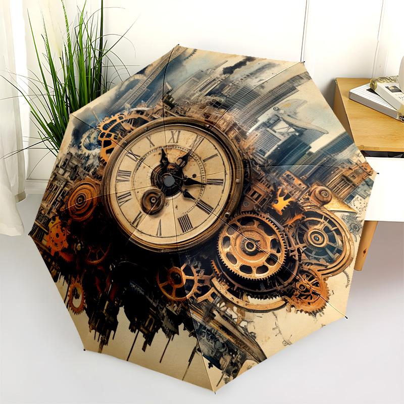 Steampunk  pattern, automatic folding umbrella, portable and foldable design, 8 ribs, a Christmas or birthday gift.