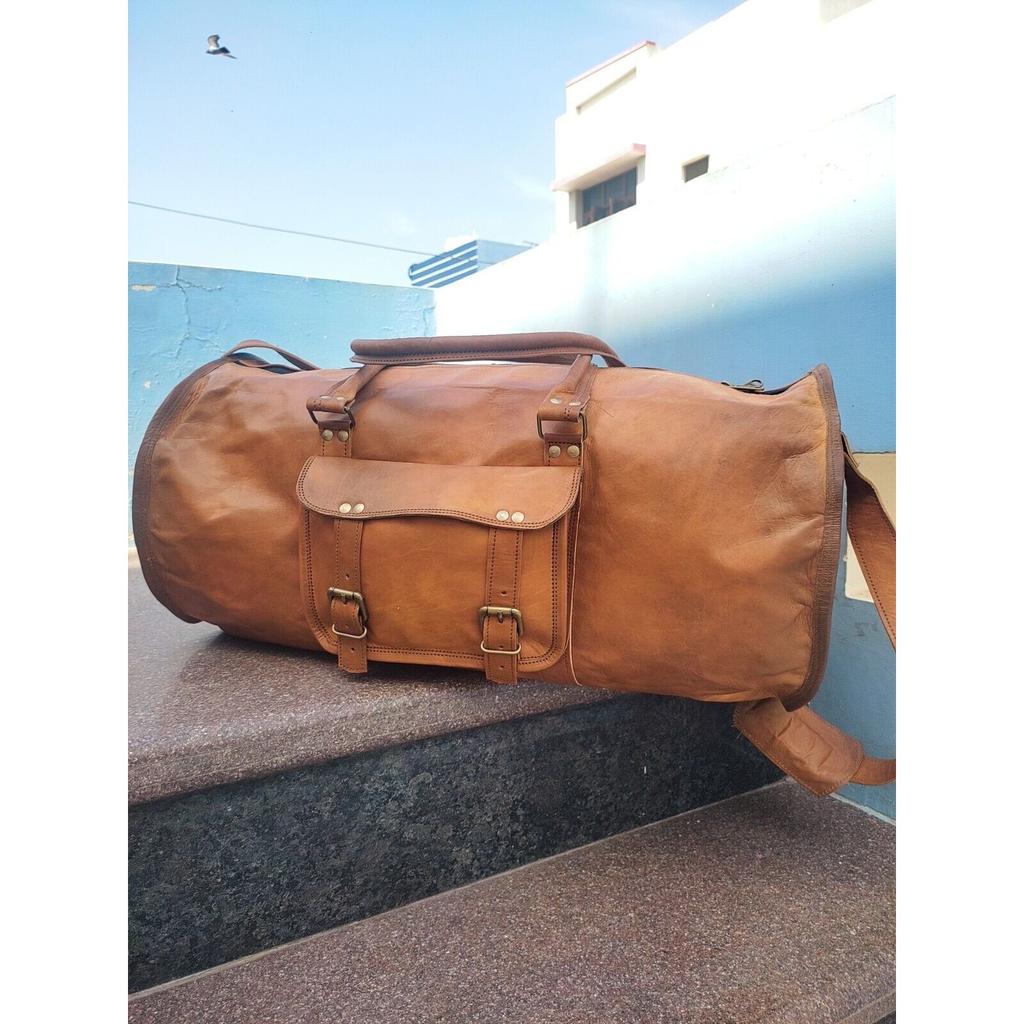 Unisex Braun Echtes Ziegenleder Gym Sport Reise Duffle Overnight Classic Bag