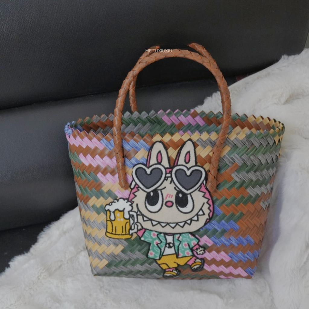 Labubu Summer new woven basket bag shoulder handbag women's bag cute pull cloth cartoon rattan bag CLE