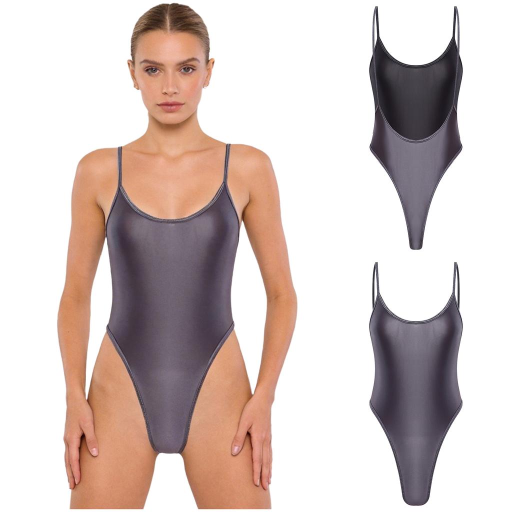Women Nightclub Beach Swimsuit Oil-shiny Glossy Leotard Backless High-cut Stretchy Sling Bodysuit One-piece Diving Wear