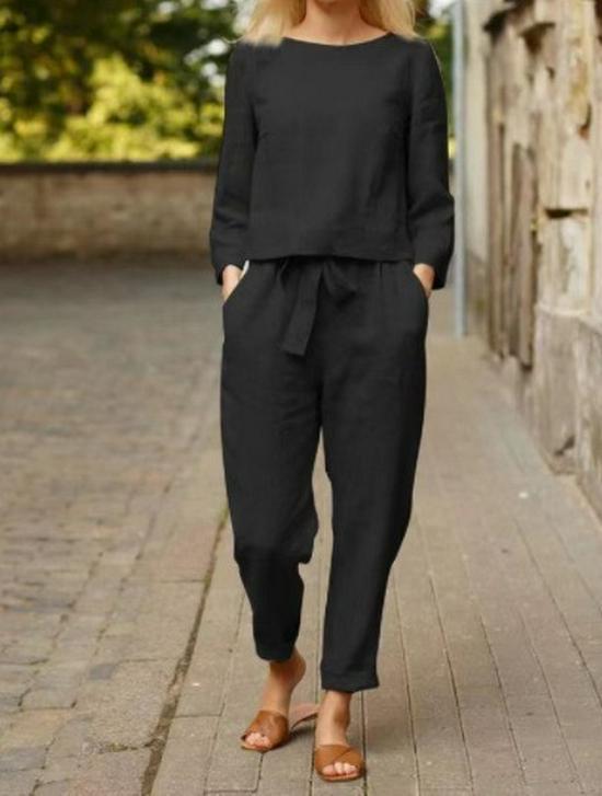 Women's Solid Color Linen Suit - Casual Two-Piece Set, Spring-Summer Retro Style, Elastic Waist with Tie