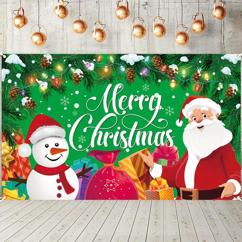 2D Green Merry Christmas Backdrop with Santa, Snowman & Xmas Gifts 47.2x31.5inch/120*80cm