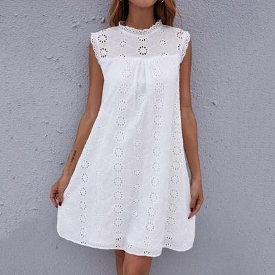 Women's Solid Sleeveless Lace Hooked Flower Hollow Loose Medium Length Dress