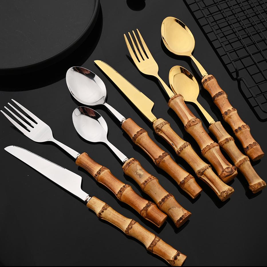 4ks/sada Sada nádobí Bambusová rukojeť Příbory z nerezové oceli Nůž Vidlička Lžíce Nádobí Stříbrná sada příborů Servis pro 1