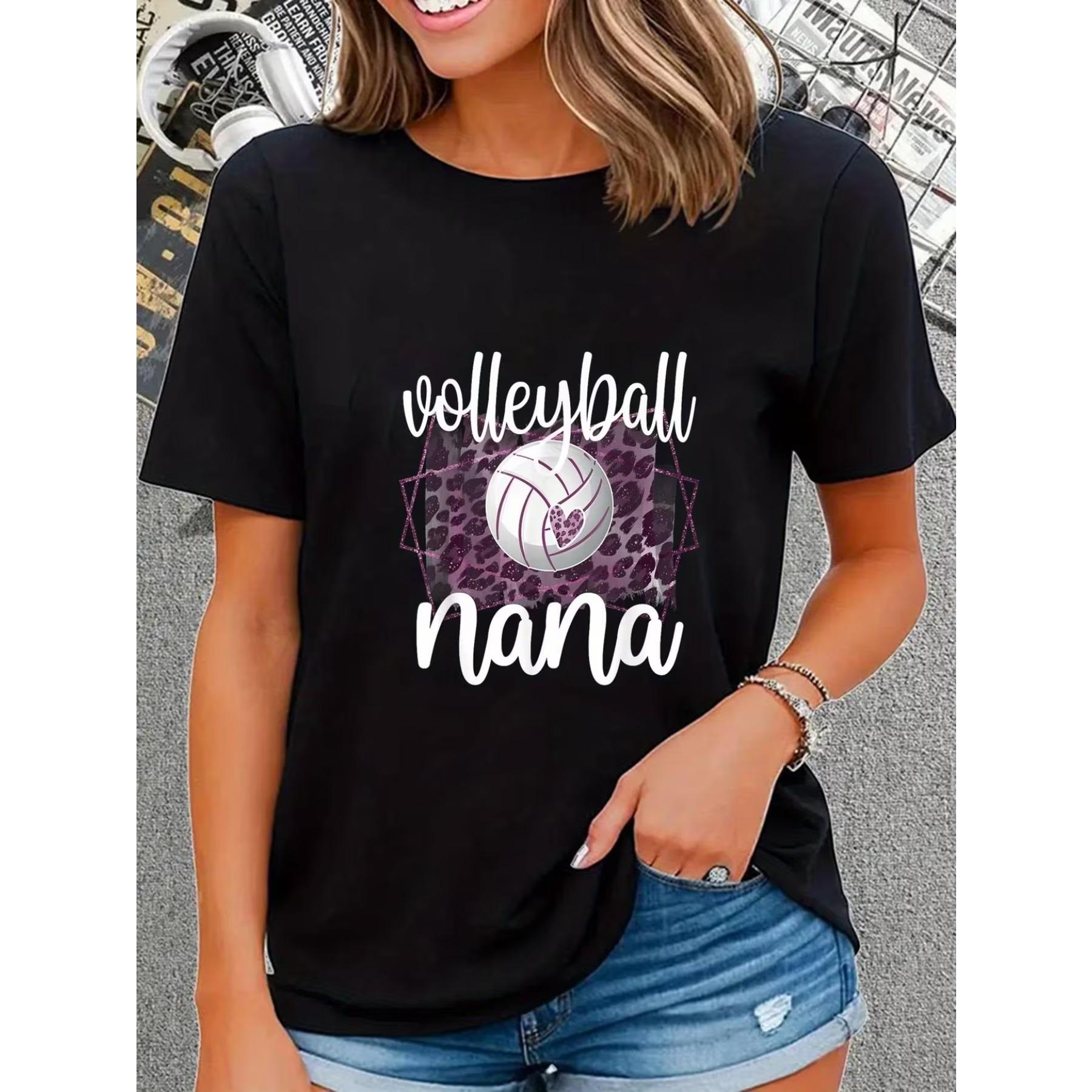 

Nana Volleyball Graphic Tee - Women S Casual Short Sleeve Top Featuring Heart and Leopard Print, Black, Ideal for Summer or Everyday Wear XXL