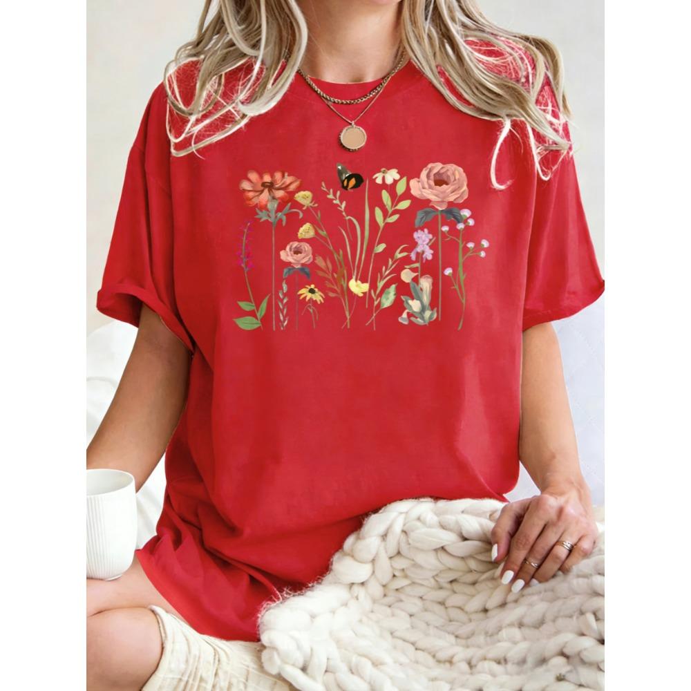 Flowers Attract Butterflies To Stay Print T-Shirts Women Cotton Casual T Shirt Breathable Summer Sportswear Crewneck Tops