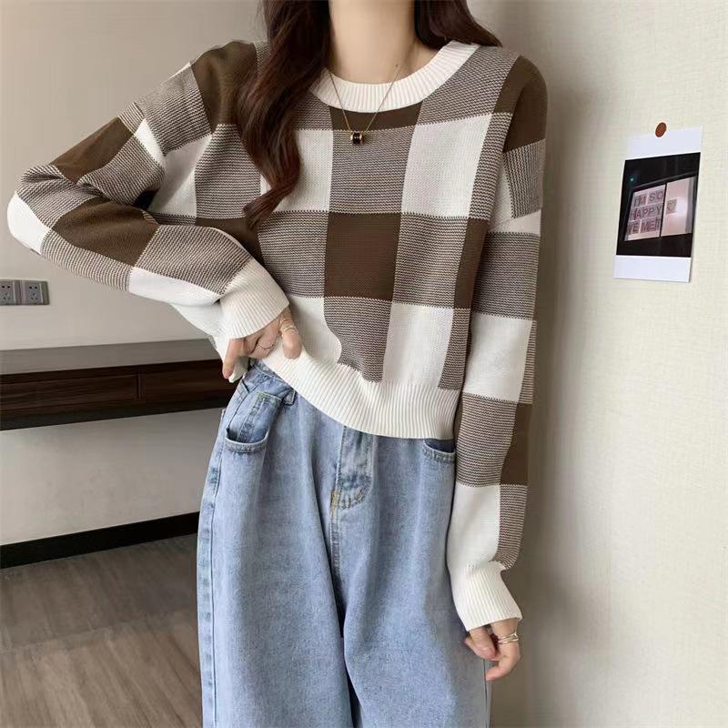Maglione a blocchi di colore a quadri primaverile da donna - Pullover carino con scollo rotondo e maniche corte-lunghe