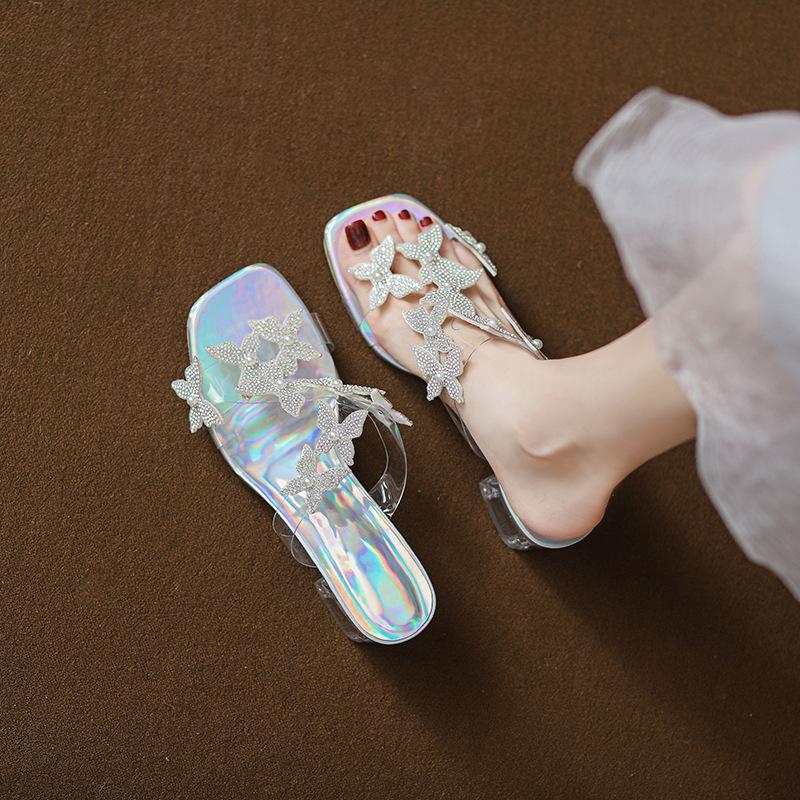 

Sparkling slippers show thin thick heels transparent high heels summer rhinestone butterfly women s shoes stiletto 34