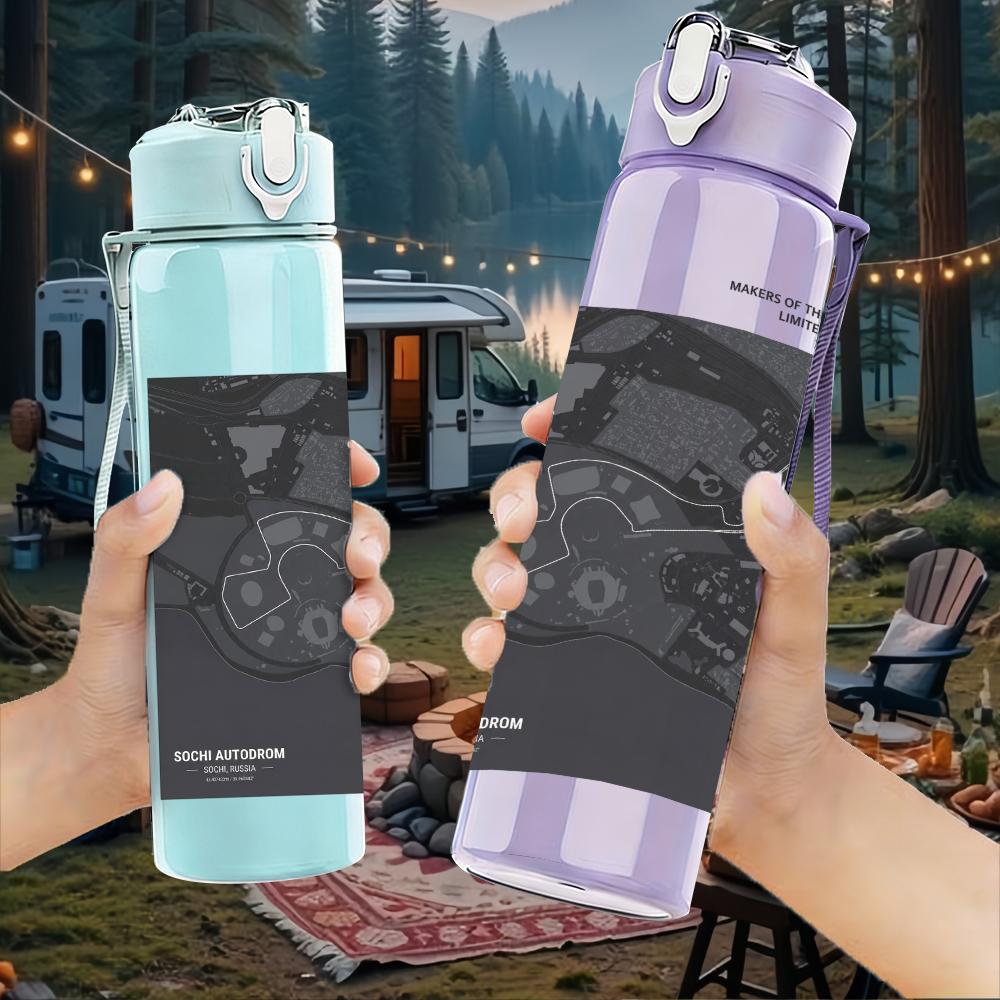 1PC Dark rectangular band album print 750ml colorful plastic sports water bottle leakproof pop up lid with straw for outdoor work home use