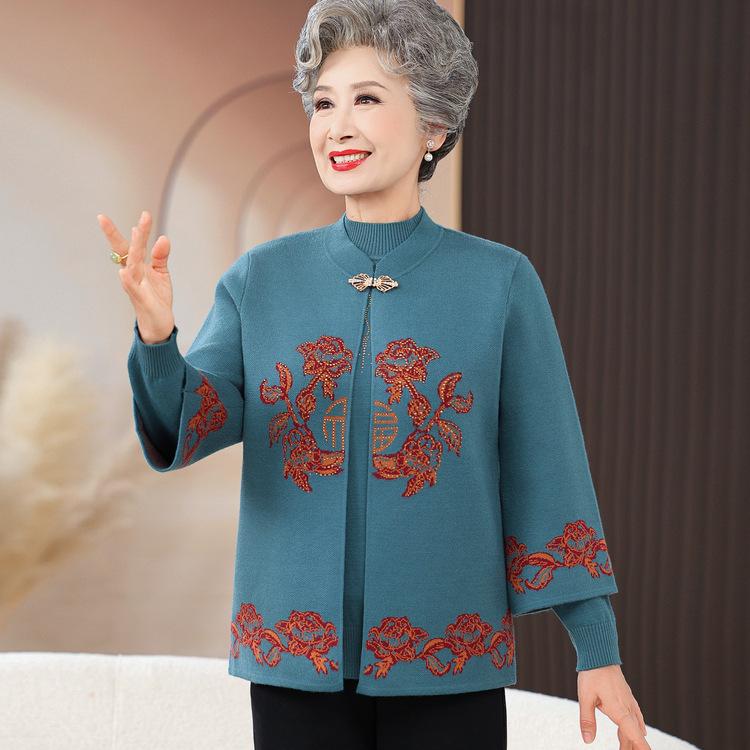 Elderly Spring and Autumn Sweater Female Grandma Two-piece Set Clothes Autumn Clothes Mother Chinese Coat Old Lady Needle