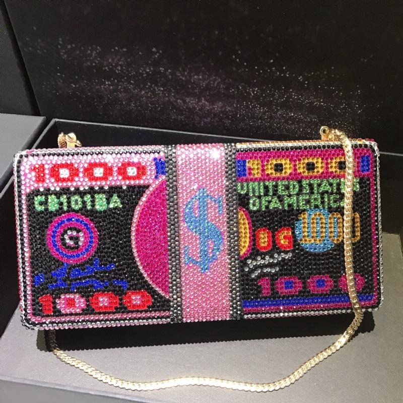 

WHTUOHENG Diamond US Dollar Crystal Evening Clutch Bag Luxury Rhinestone $1000 Wedding Bridal Female Shoulder Handbag Bridal Pu 18.5cmX9cmX4cm