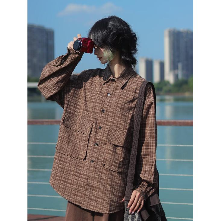 Boyue Qiyue Japanese Style Plaid Long-Sleeved Shirt Trendy All-Matching and Handsome Casual Ins Workwear with Pocket Coat for Men and Women