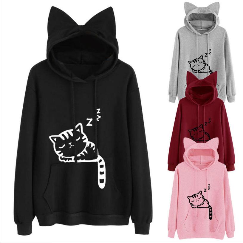 Plus Size Women Sweatshirt Cat Ear Funny Hoodie Kawaii Print Cat Cartoon Autumn Loose Casual Sweatshirts