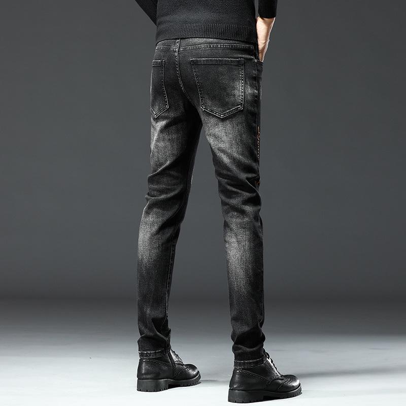Men's Trendy Black Embroidered Slim-Fit Jeans – Youthful Stretch Casual Pants