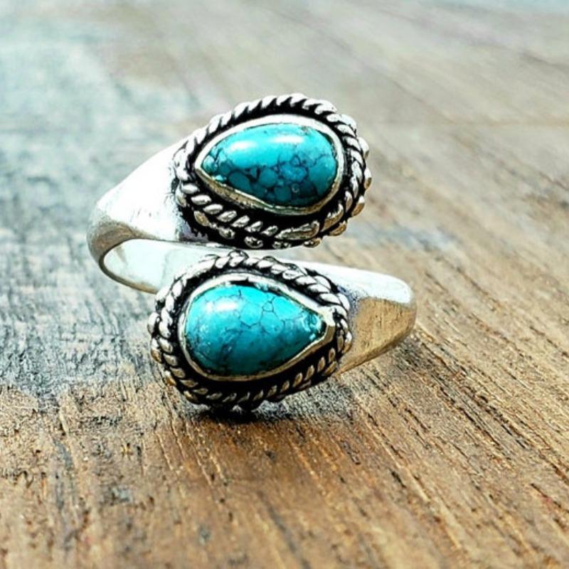 Bohemian Ethnic Style Creative Faux Turquoise Opening Adjustable Ring Women Retro Party Personality Jewelry Accessories