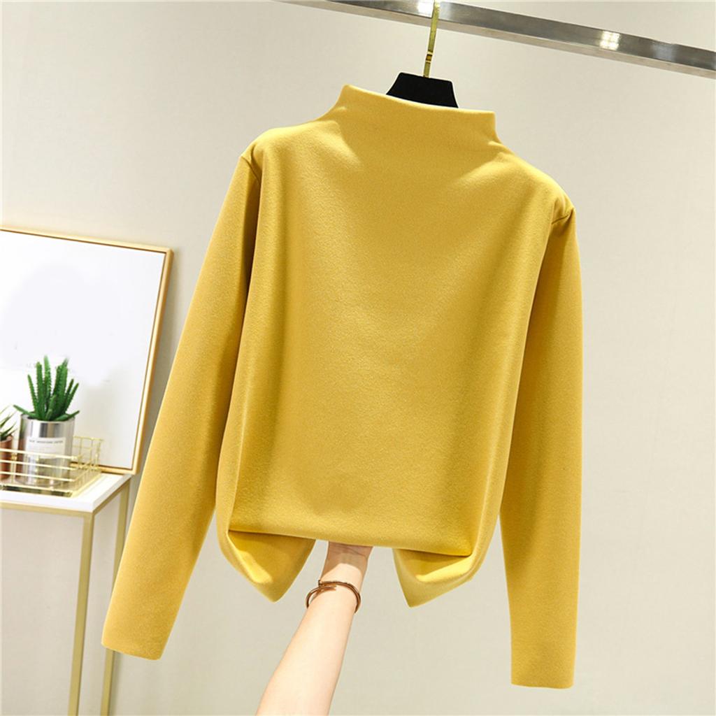 Women's Thick Fleece Base Shirt With Warm Inner Layer And Seamless Long Sleeved T-shirt Half High Neck Top