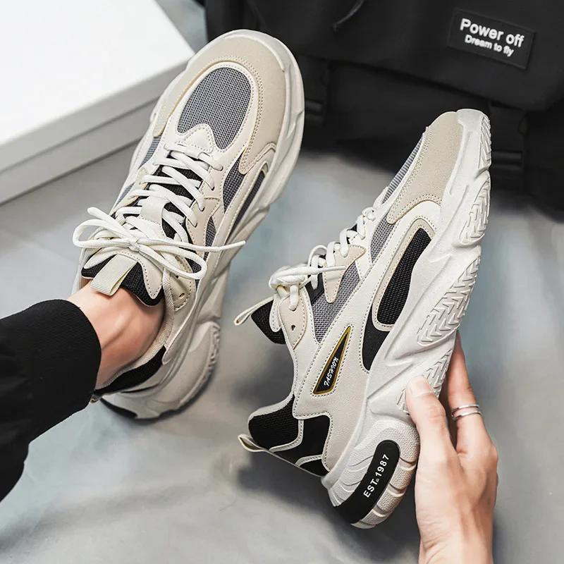 Fashion Thick Sole Versatile Clunky Sneaker For Men 2024 New Trend Mesh Lace Up Breathable Casual Sports Shoes Increased Soft Soles