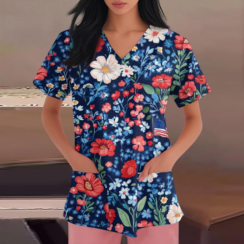 Happy Valentine's Day Women's Fashion V-neck Short Sleeve Workwear With Pockets Tops
