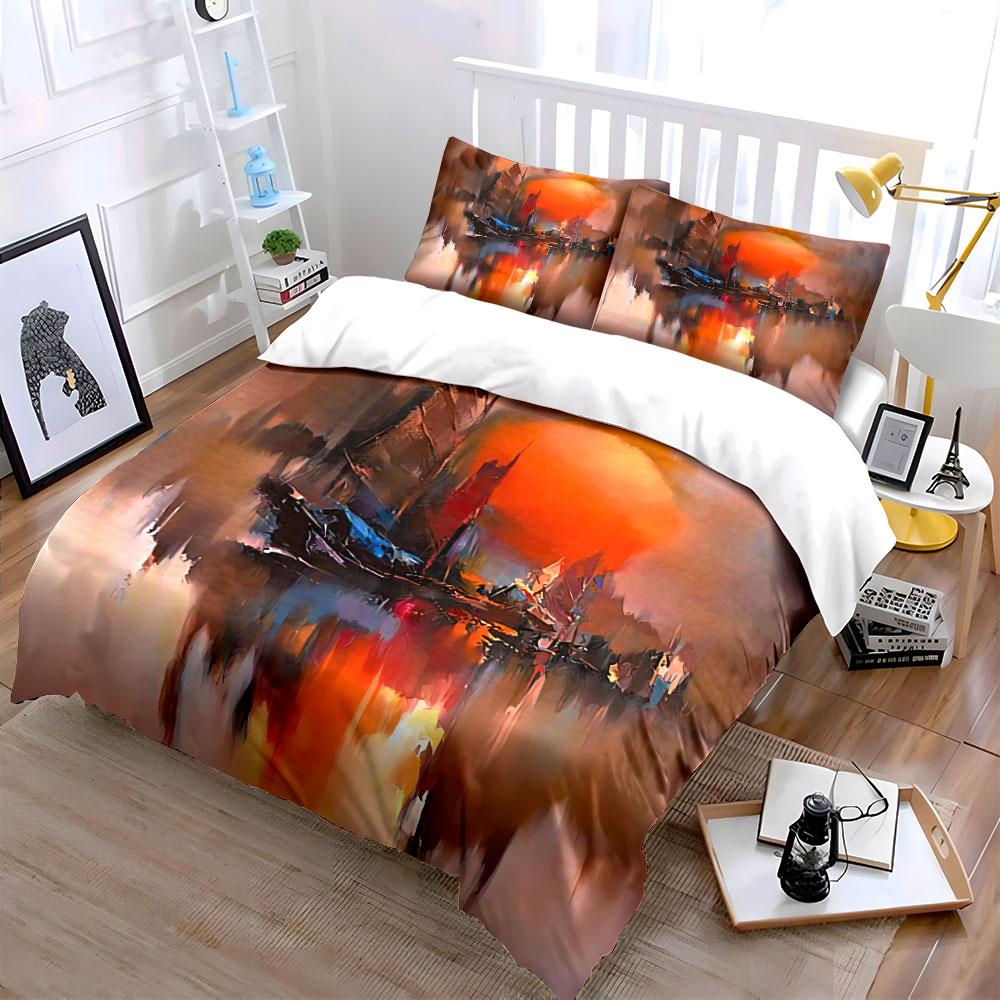Sunset Sailboat Abstract Art Bedding Duvet Cover Set Duvet Cover Pillowcases  (1*Duvet Cover 2*Pillowcases, Without Duvet Insert)
