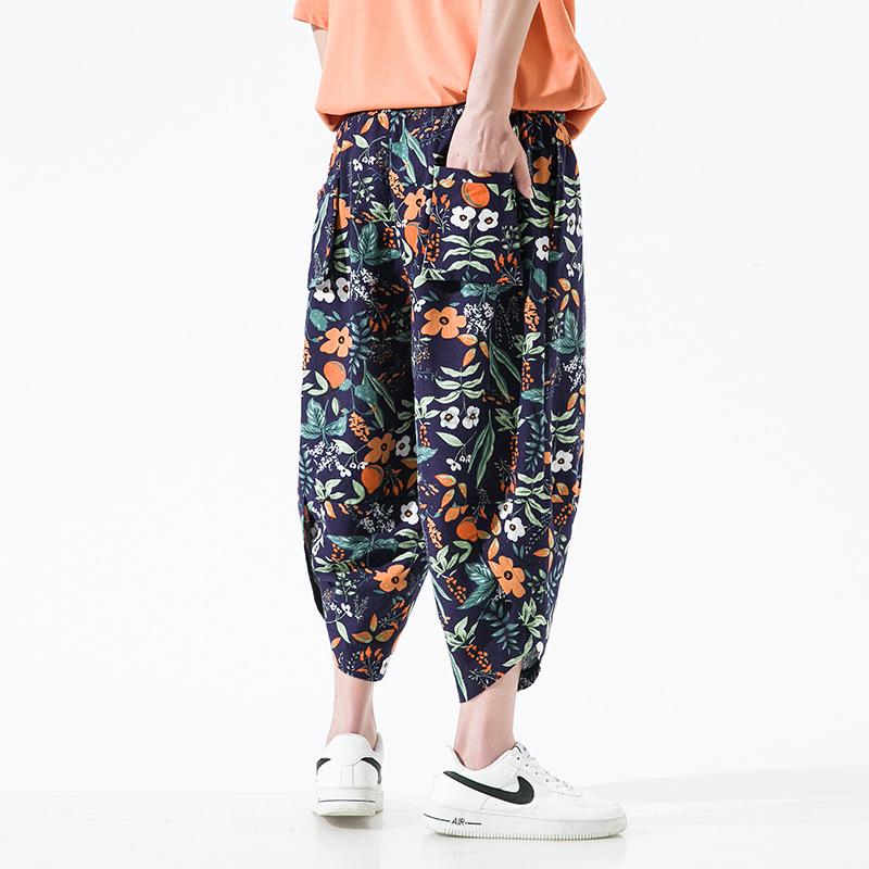 2025 Summer Men's Plus Size Ethnic Print Harem Pants - Loose Fit, Straight Leg, Drop Crotch