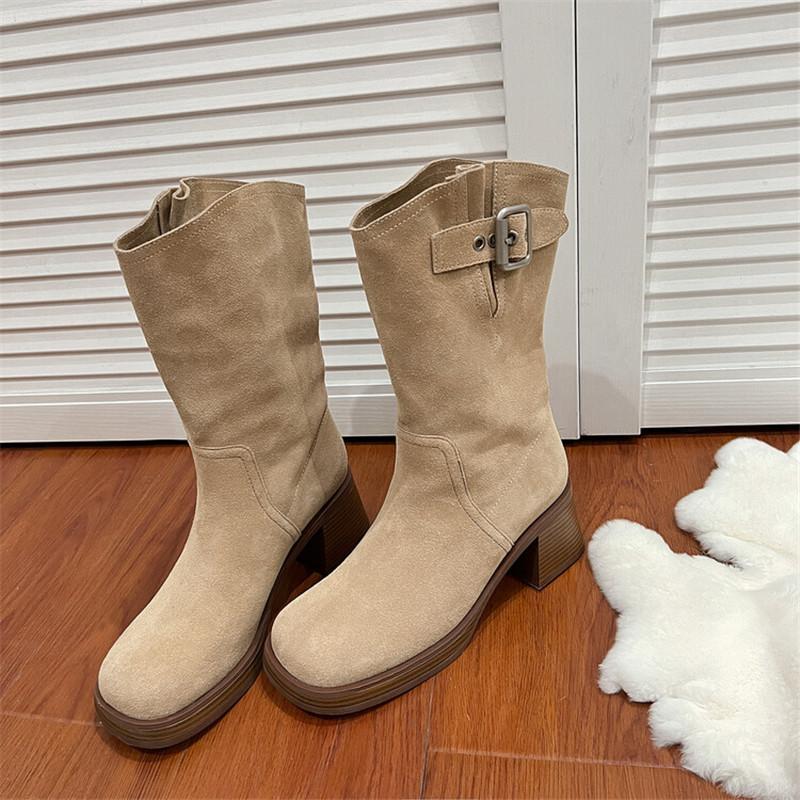 Fashion New Autumn Winter Cow Suede Women Boot Fashion Platform Boots for Women Chunky Heel Mid-calf Boots Ladies Shoes Western Boots