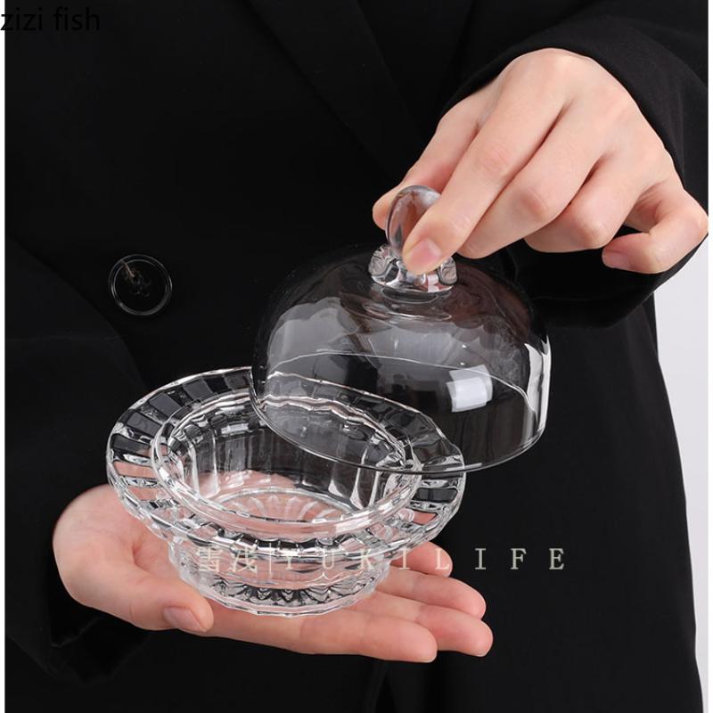 Glass Dessert Plate with Lid Dining Plate Cake Plates Dim Sum Dish Caviar Dish Butter Dish Sashimi Plate Fruit Dishes Salad Bowl