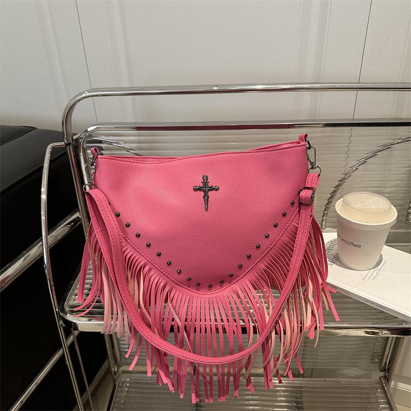 2505 spring and summer season new fashion rivet soft leather trendy casual rivet fringed bag single shoulder oblique span bag women's bag